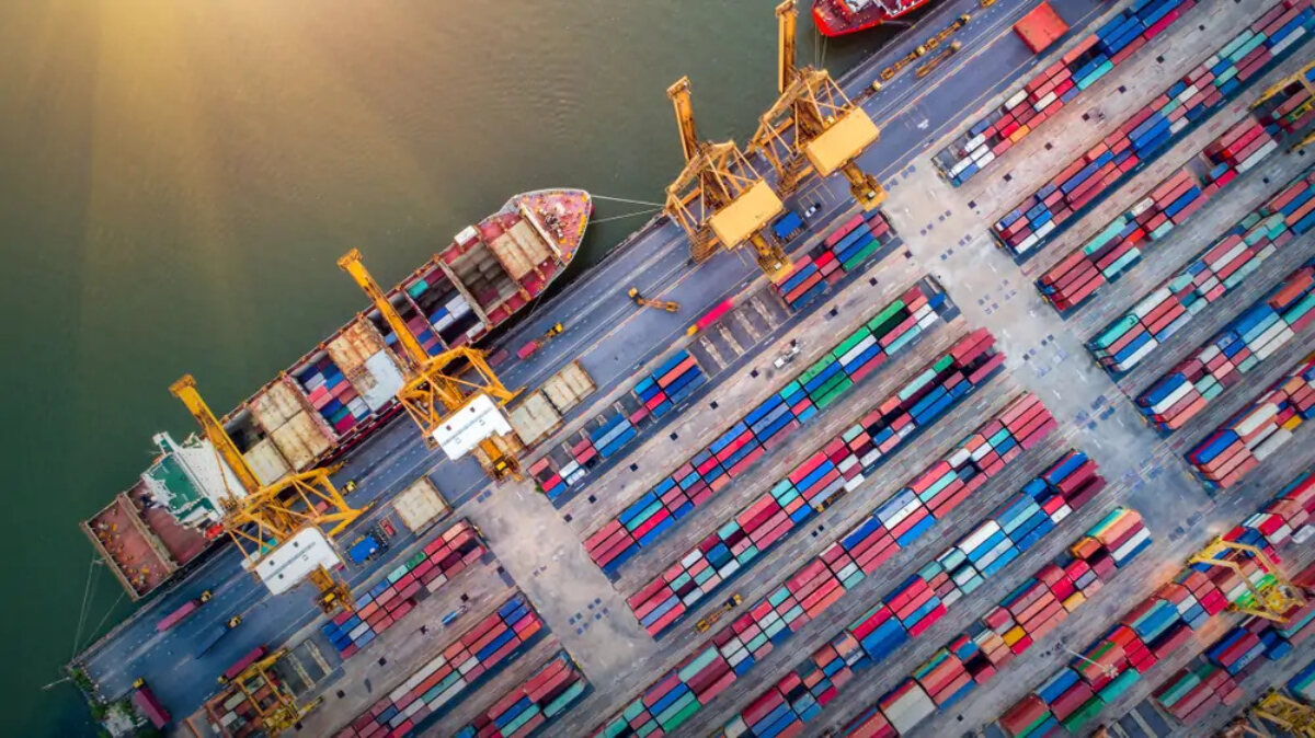 Cargo ship in port from above
