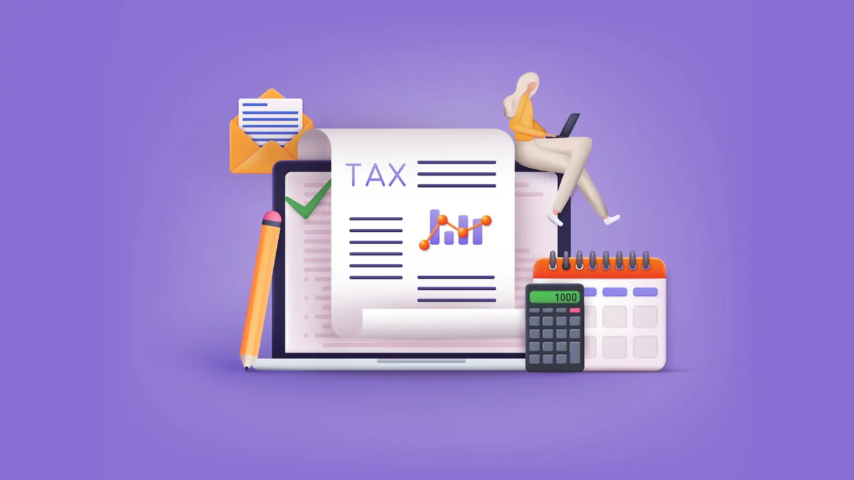 Cartoon of tax document in front of laptop surrounded by a pencil, calculator, calendar and open envelope with letter inside, and a woman using a laptop sitting on top of the larger laptop