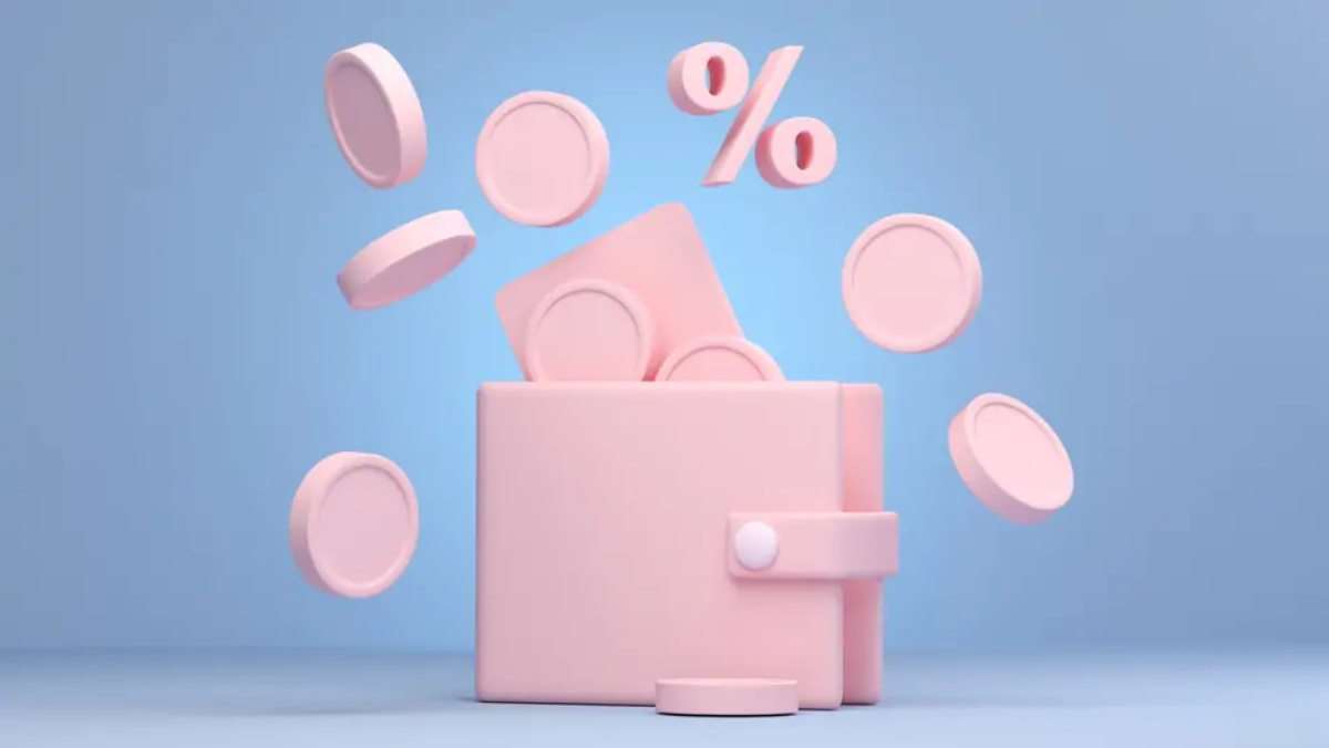 Cartoon of wallet with bank card and coins floating out of it and a percentage symbol just above