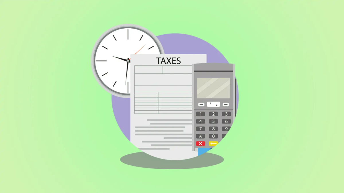 Cartoon of 'taxes' document inside a circle next to calculator and clock