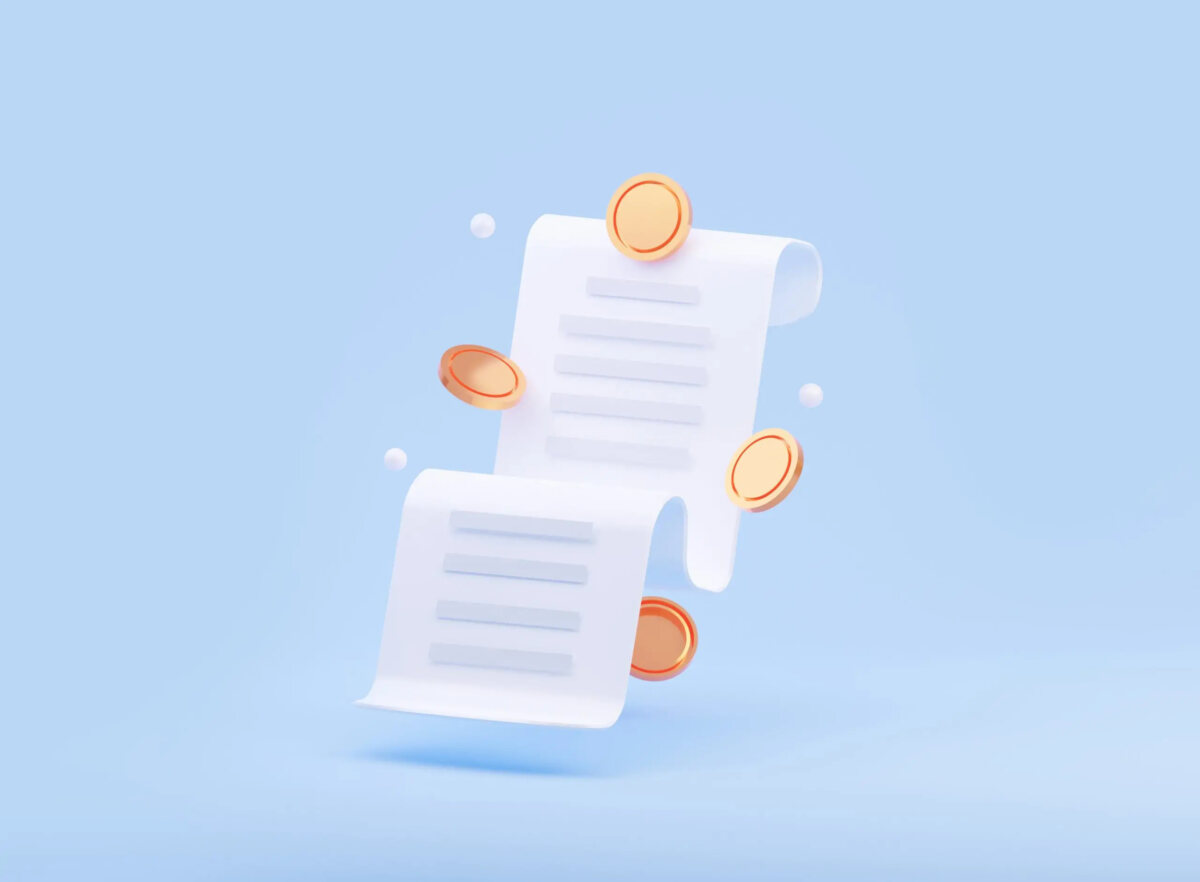 Cartoon of a floating receipt with coins around it