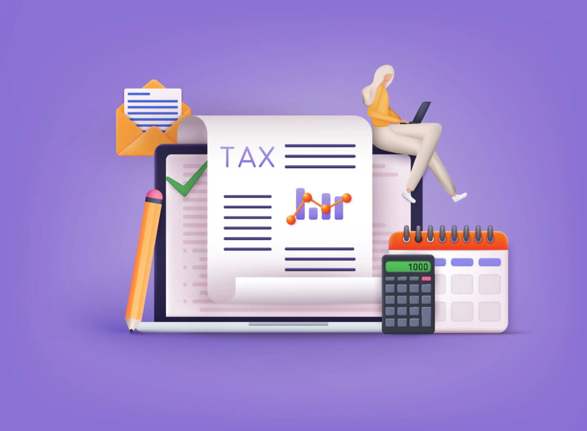 Cartoon of tax document in front of laptop surrounded by a pencil, calculator, calendar and open envelope with letter inside, and a woman using a laptop sitting on top of the larger laptop