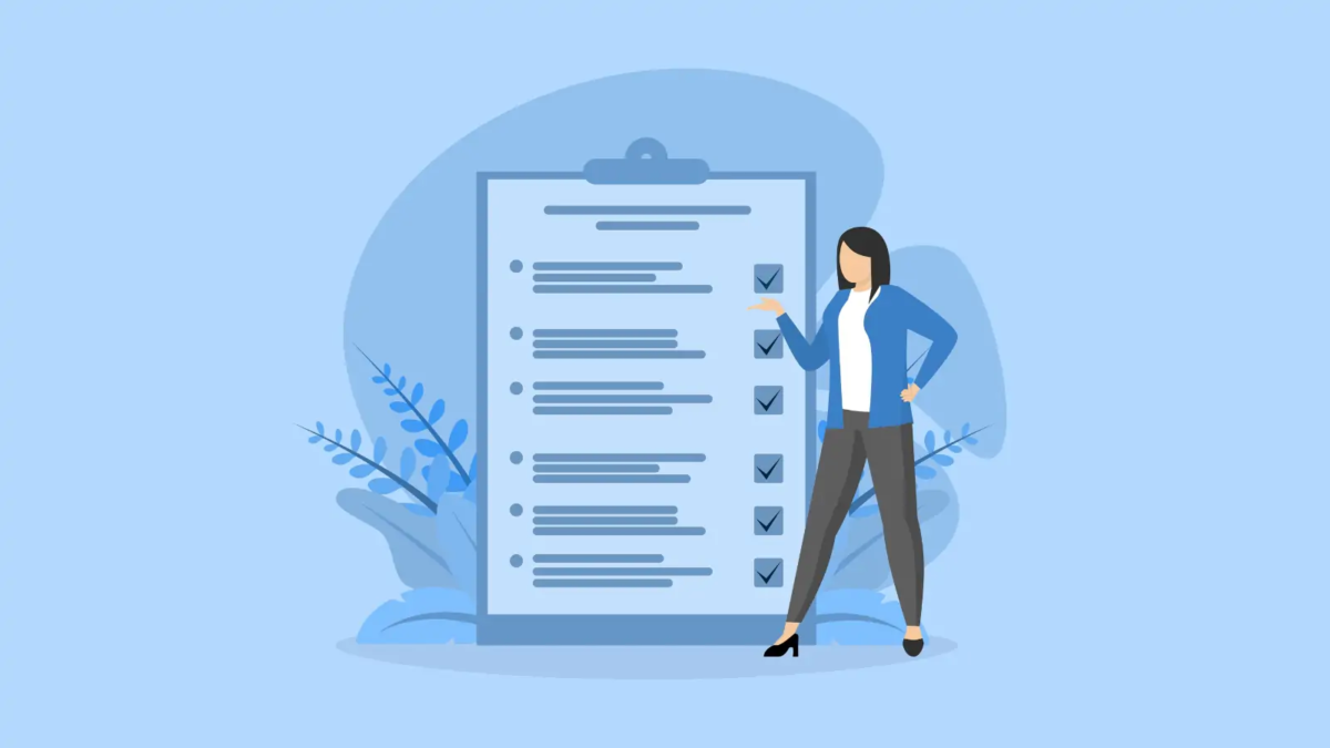 Cartoon of miniature businesswoman standing next to and pointing at checklist on clipboard
