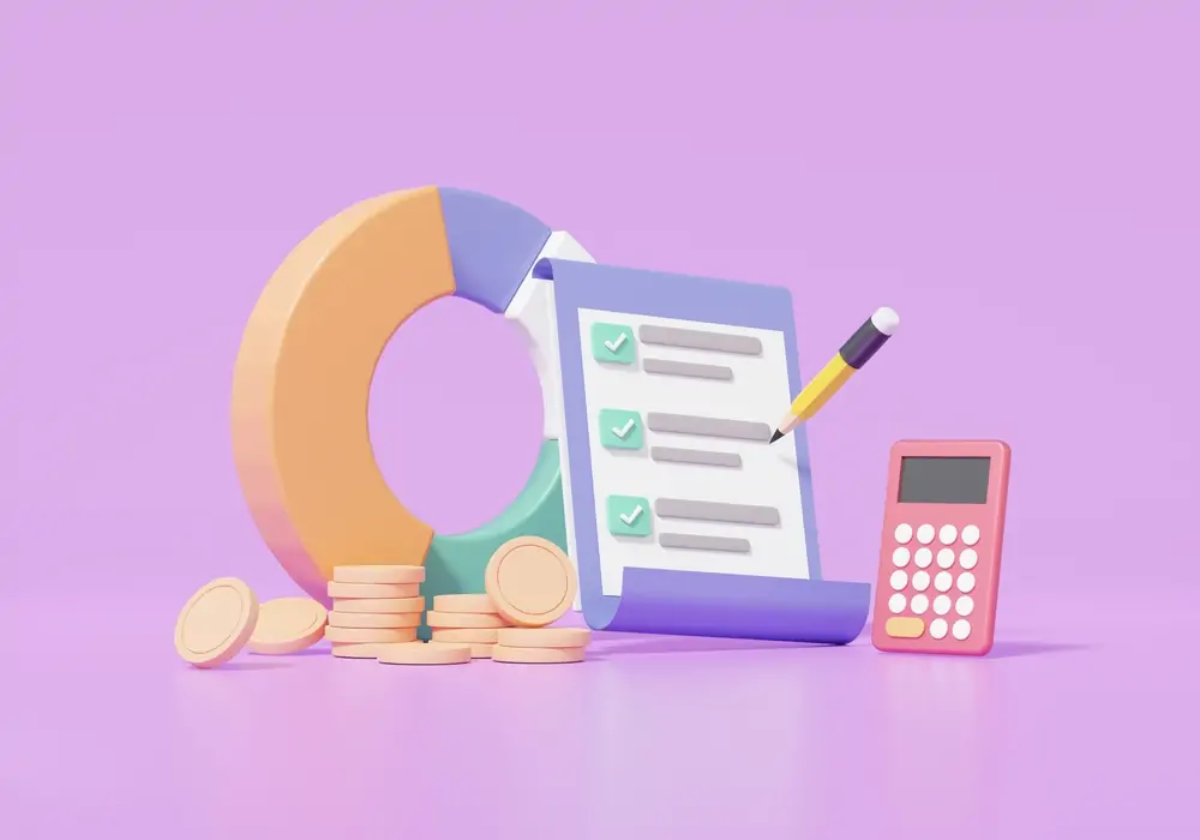 Cartoon of pie chart surrounded by coins and a checklist next to a calculator
