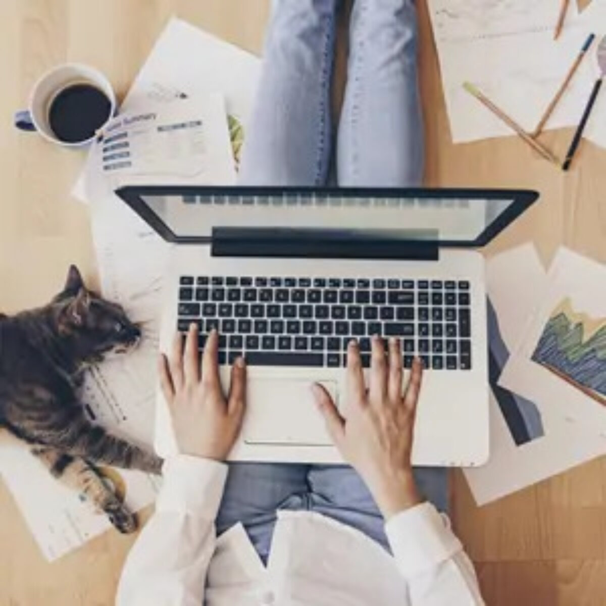 Woman sitting with legs outstretched using laptop on lap with cat lying next to her surrounded by documents