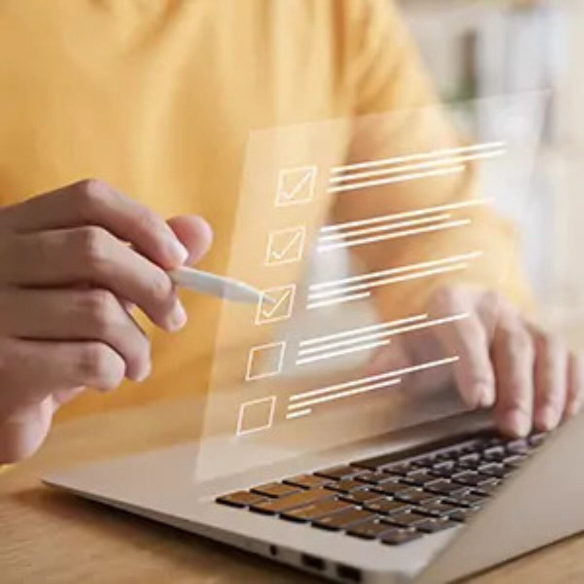 Businessman at desk working at laptop and ticking a box on a cartoon checklist overlayed