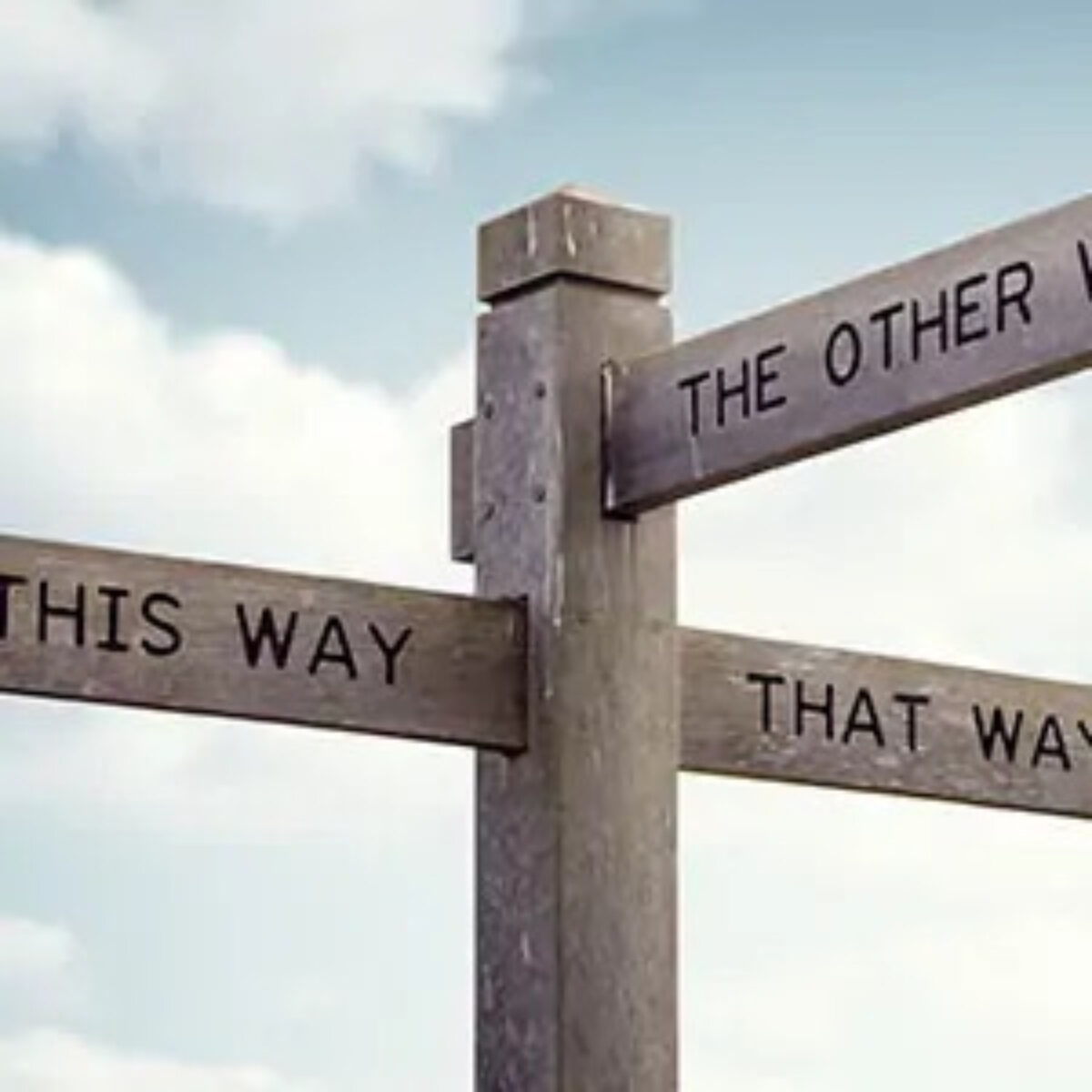 Wooden signpost with signs reading 'this way', 'that way' and 'the other way'