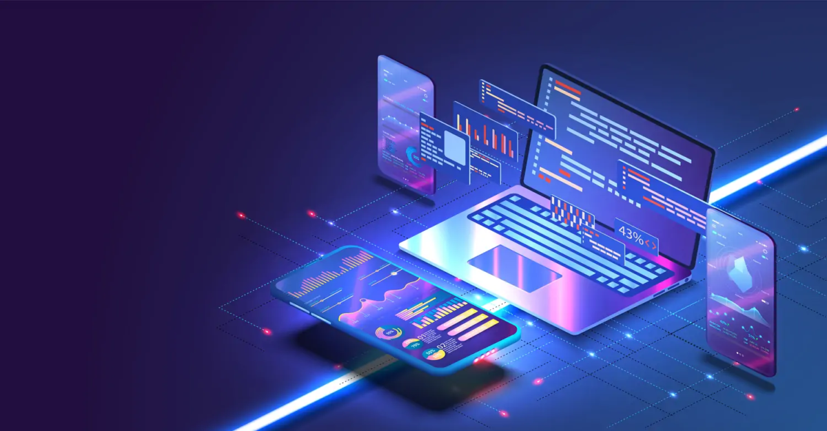 Cartoon montage of laptop, smartphone screens and other digital elements