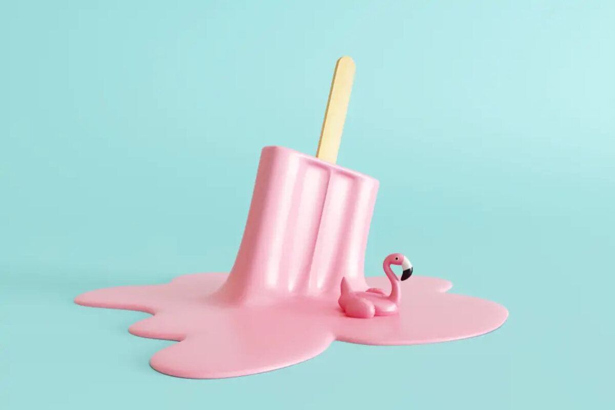 Cartoon of a half-melted ice lolly upside down on the ground with a flamingo sitting the melted pool
