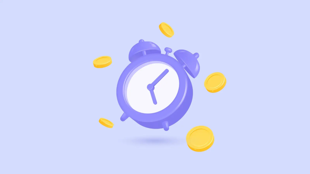 Cartoon of floating alarm clock surrounded by coins