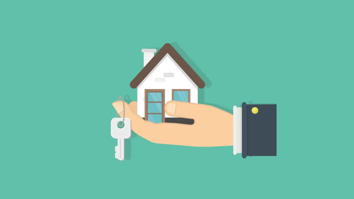 Cartoon of a hand palm-side yup holding a miniature house with a key hanging on the index finger