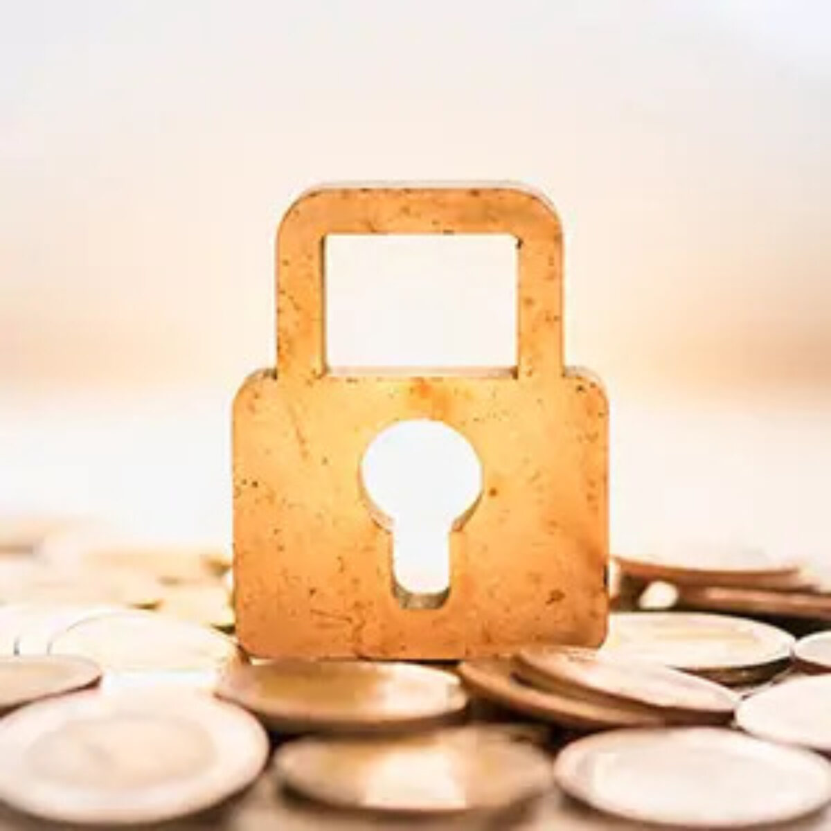 Gold padlock sitting upright on top of a pile of coins