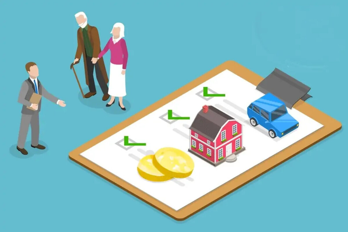 Cartoon of miniature businessman talking to elderly couple and pointing to giant clipboard with checklist on it with a 3D car, house and coins and all three boxes checked