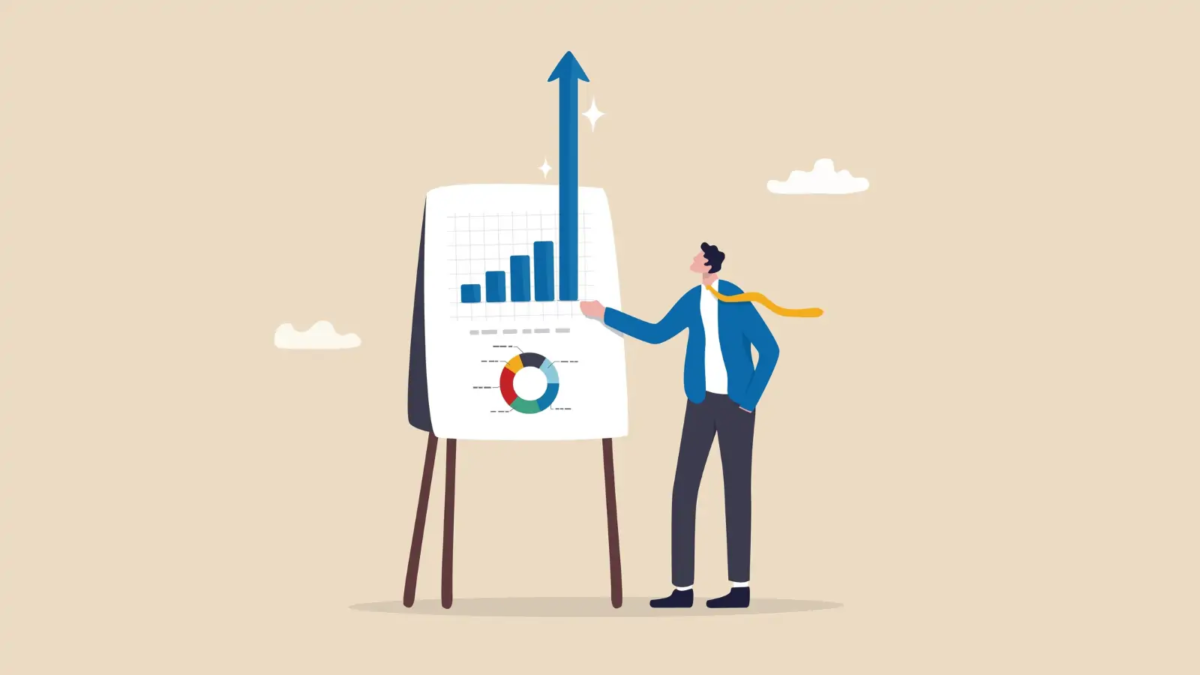 Cartoon of businessman pointing at flipchart with tallest bar chart bar extending upwards off page