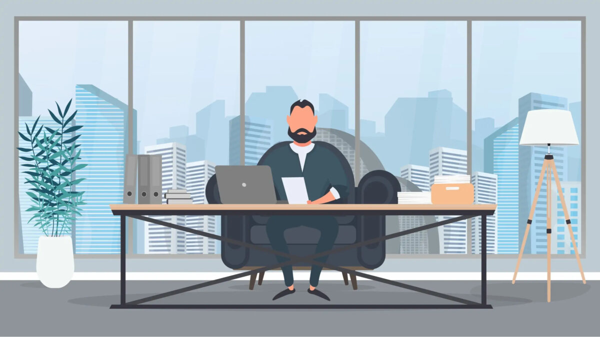 Cartoon of business director at desk in office working on laptop and holding document