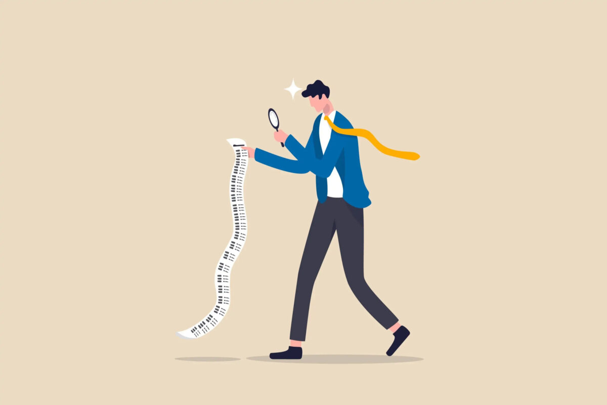 Cartoon of businessman looking at long business expenses receipt through magnifying glass