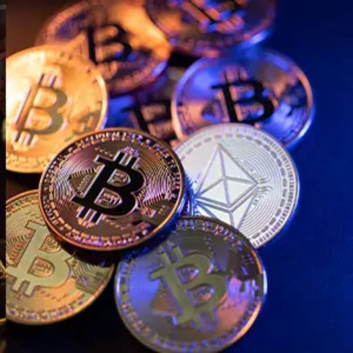 Close-up of a pile of bitcoin cryptocurrency coins