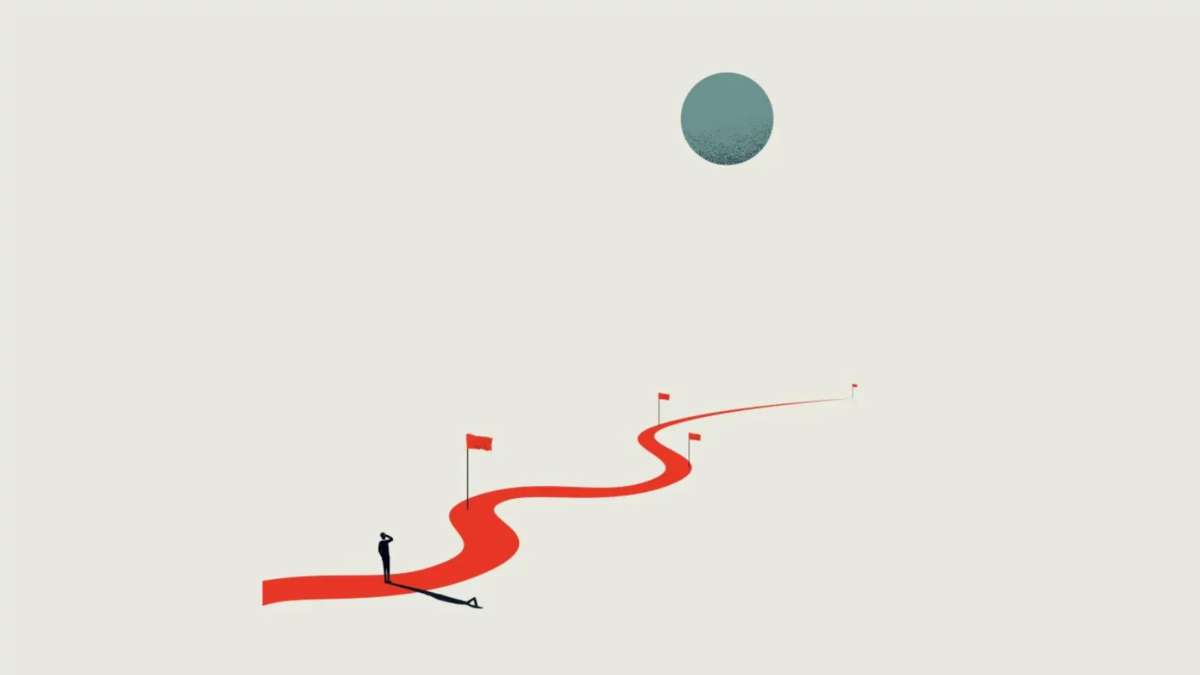 Cartoon of person at beginning of windy path with checkpoints along the way