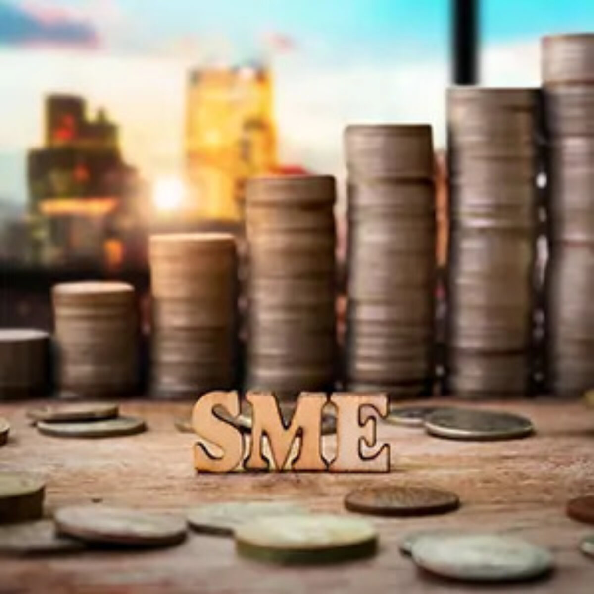3D metal letters spelling out SME in front of increasingly tall stacks of coins with a city skyline in the backgrouns