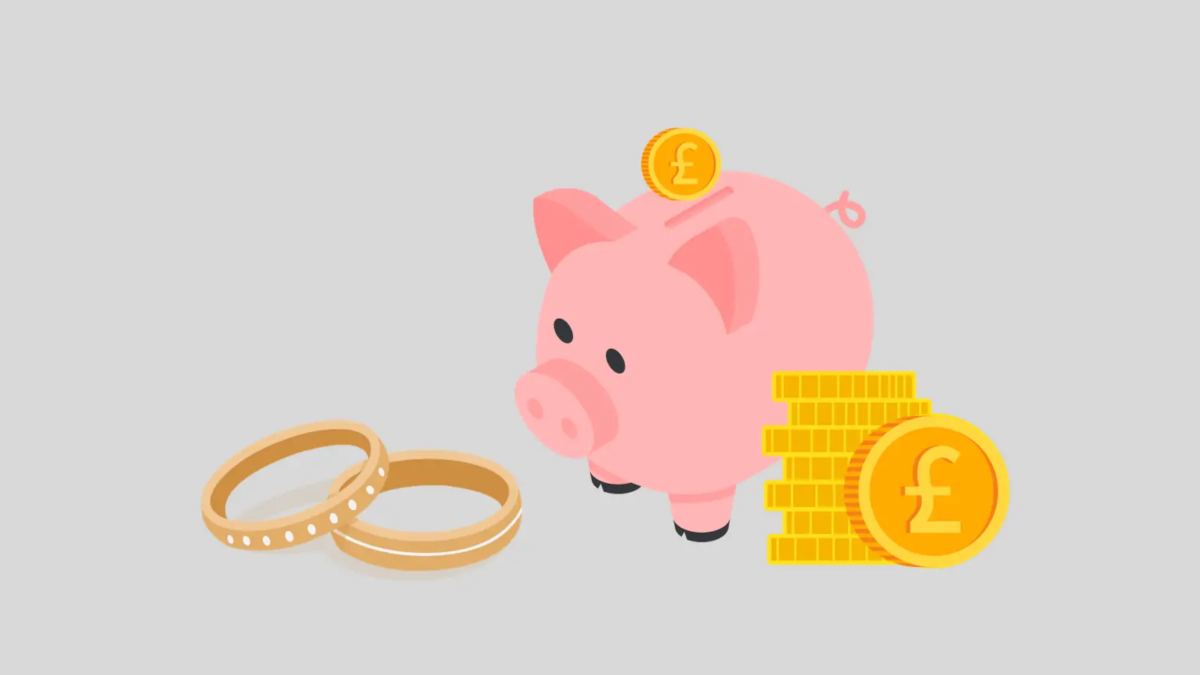 Cartoon of piggybank with pound coin above slot next to two wedding rings and a stack of coins