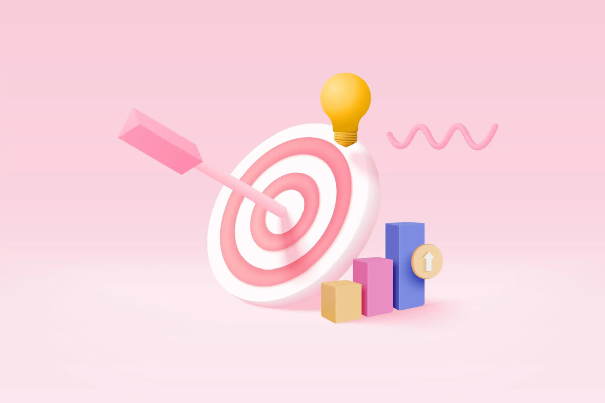 Cartoon of target with arrow in centre beside a lightbulb and increasing bar chart