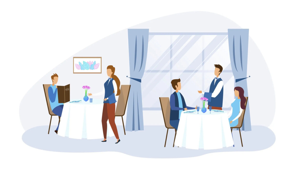 Cartoon of restaurant with two tables and waiting staff taking orders