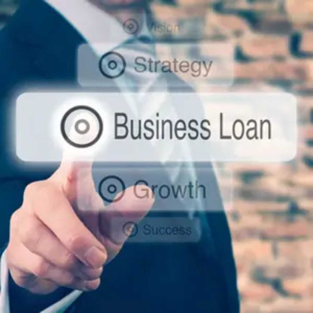 Businessman tapping image of 'business loan' button among other buttons of 'vision', 'strategy', 'growth' and 'success'