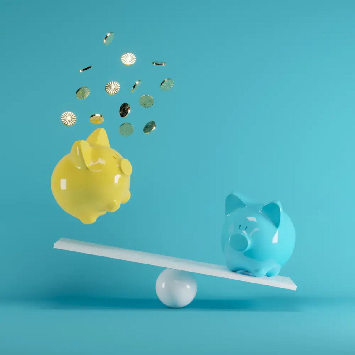 Cartoon of one piggy bank on an unbalanced seesaw and another in the air surrounded by coins