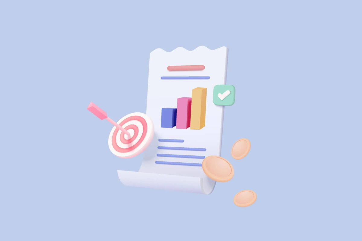 Cartoon of a bar chart on paper next to a target with an arrow in the centre and three floating coins
