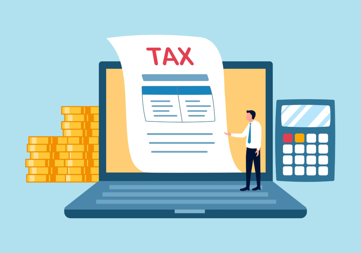 Cartoon of a tax document coming out of a laptop screen with a miniature businessman standing on the keyboard and two stacks of coins on one side and a calculator on the other