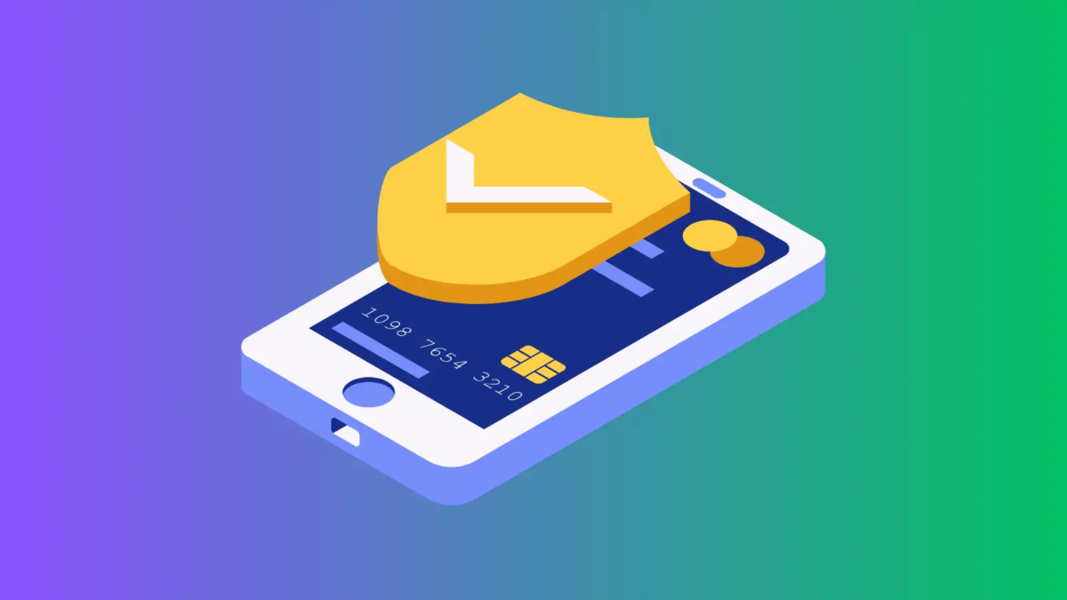 Cartoon of floating smartphone with bank card displayed on screen with security shield with a tick in it hovering above