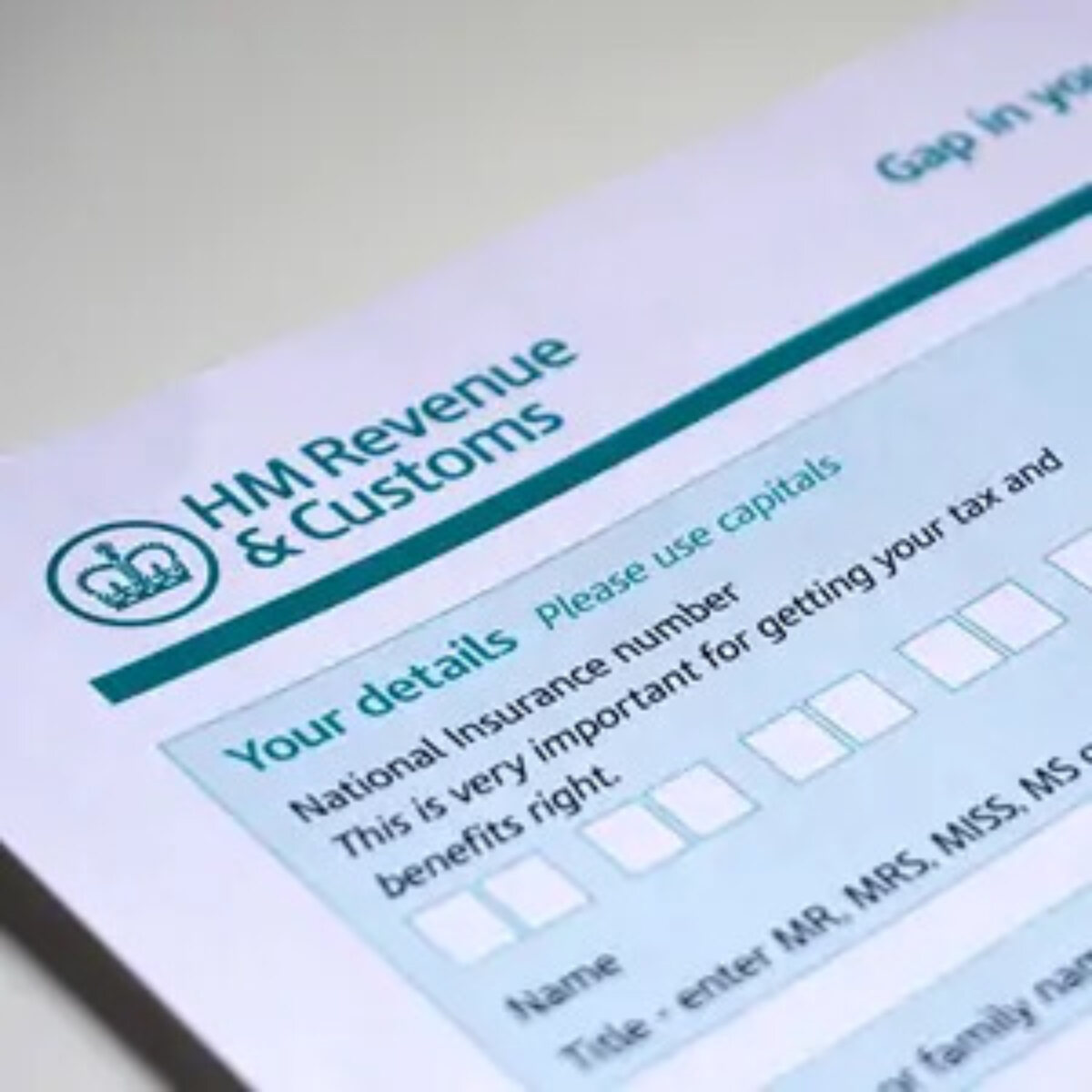 Top of HMRC form with box to fill in National Insurance number