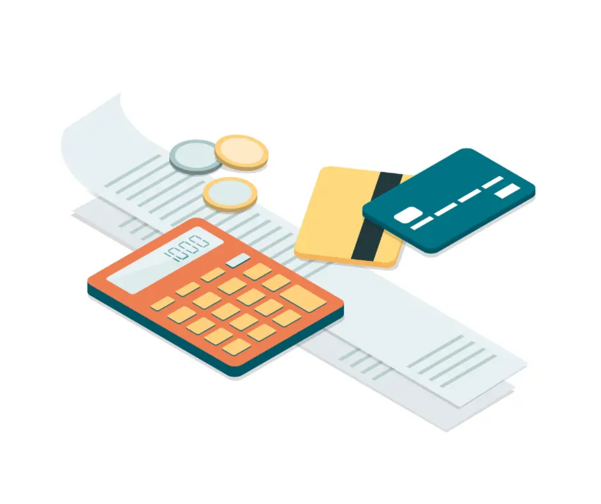 Cartoon of calculator on top of receipts next to coins and bank cards