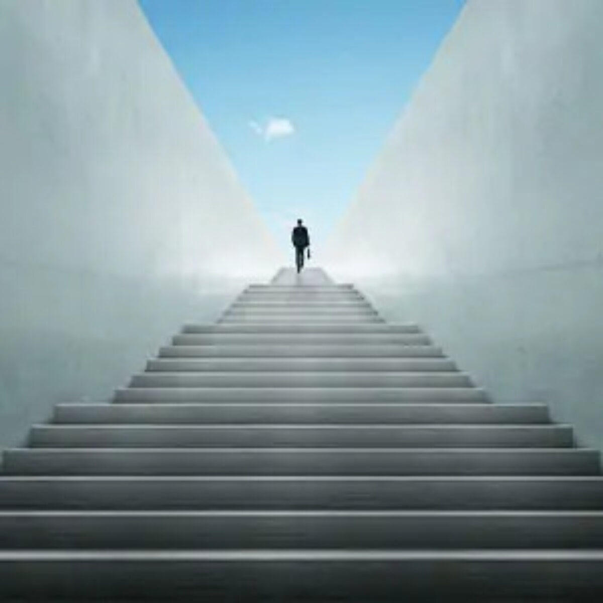 Man in distance near the top of a flight of concrete steps