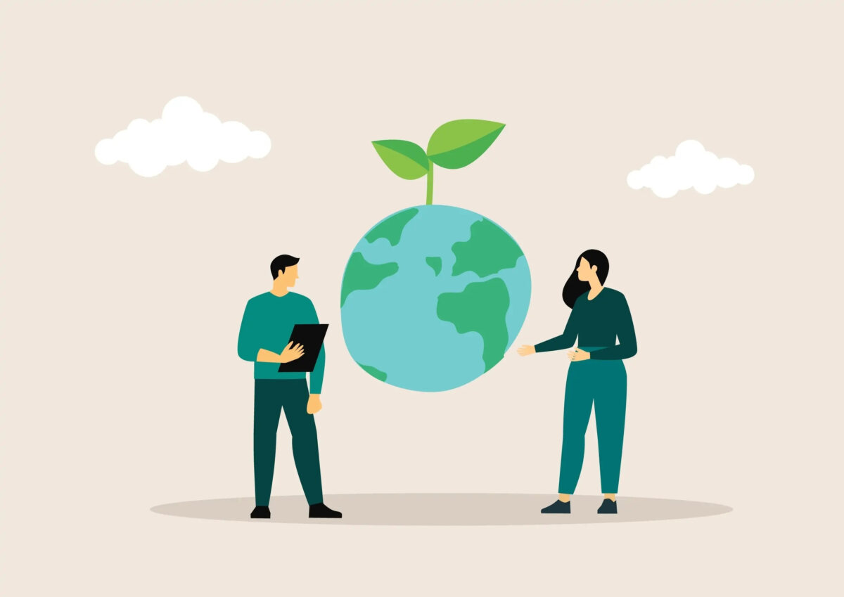 Cartoon of two people standing on either side of a floating globe with a sprout growing out of the top