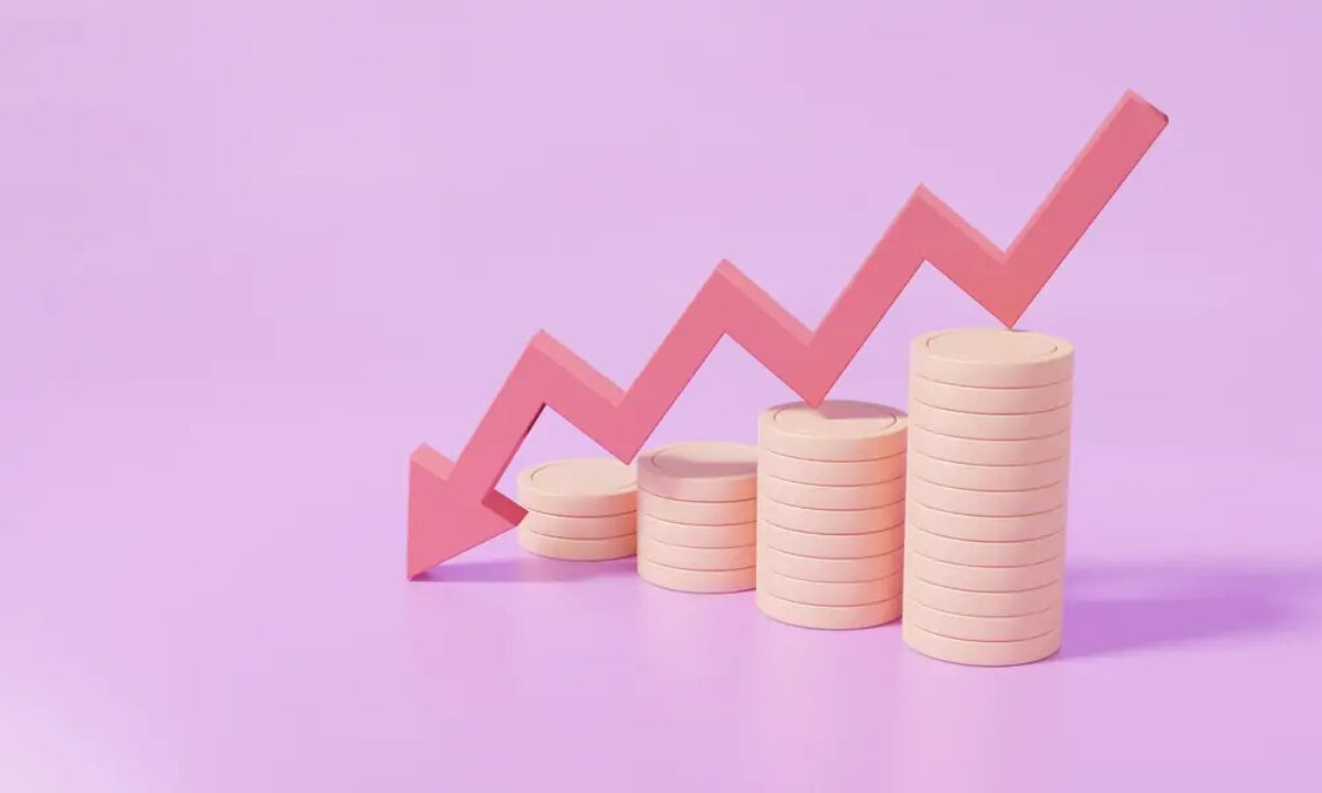 Cartoon of increasingly small stacks of coins with downward-pointing arrow on top