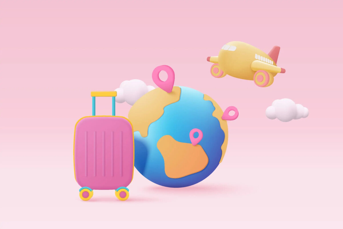 Cartoon of globe with location pins on it next to a suitcase and an aeroplane