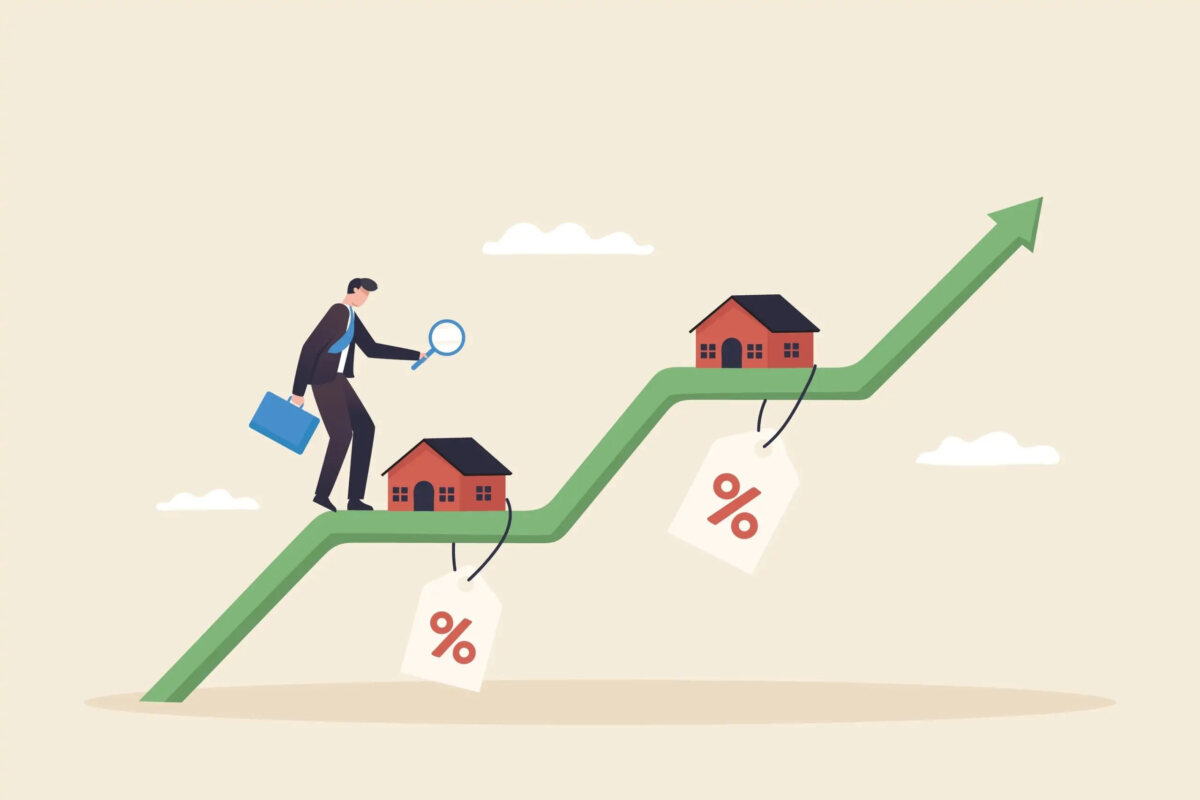 Cartoon of businessman holding briefcase and magnifying glass and climbing up ascending green arrow with two properties with percentage symbol tags on them sitting at points on the arrow