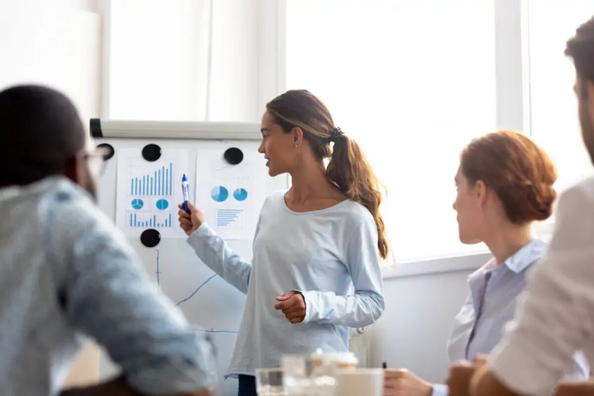 Businesswoman explaining charts and graphs on board to colleagues at meeting