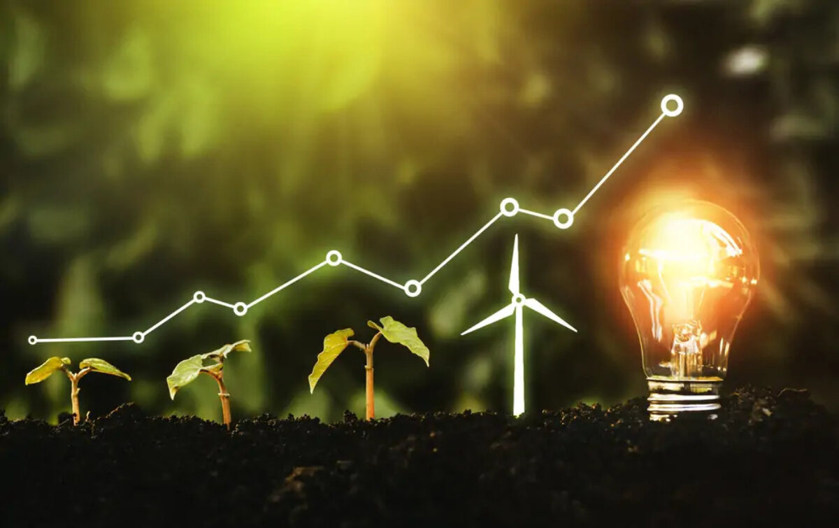 Soil with three shoots of increasing height growing out, followed by an image of a wind turbine, followed by a lightbulb, with an increasing line graph image above