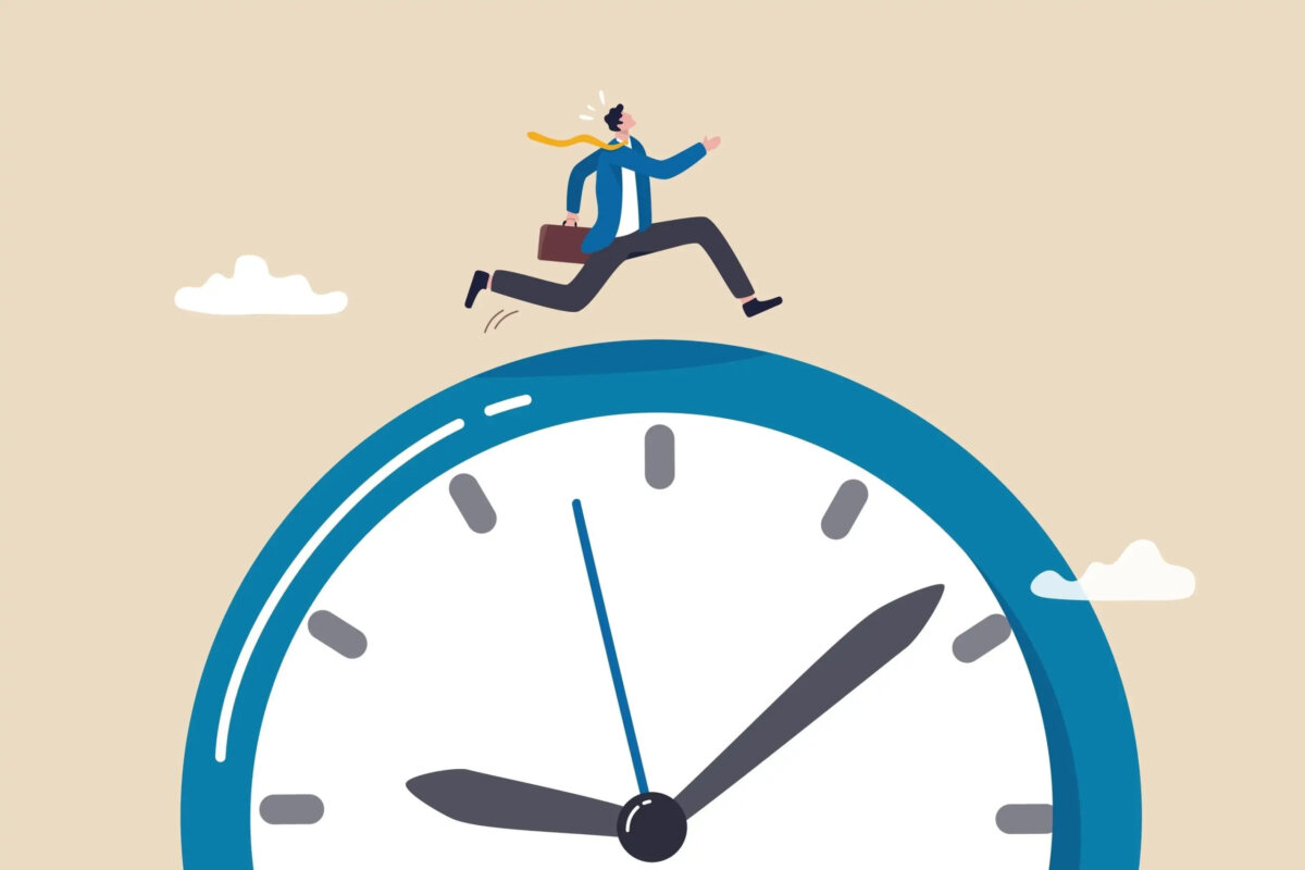 Cartoon of miniature businessman holding briefcase and running on top of clockface