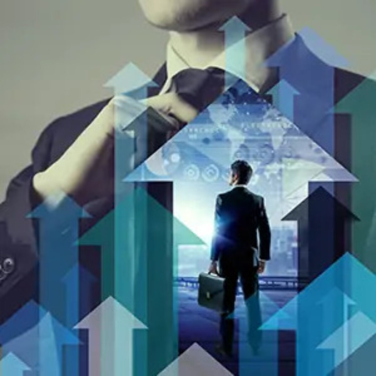 Businessman adjusting tie overlayed with arrows pointing upwards and another businessman holding a briefcase