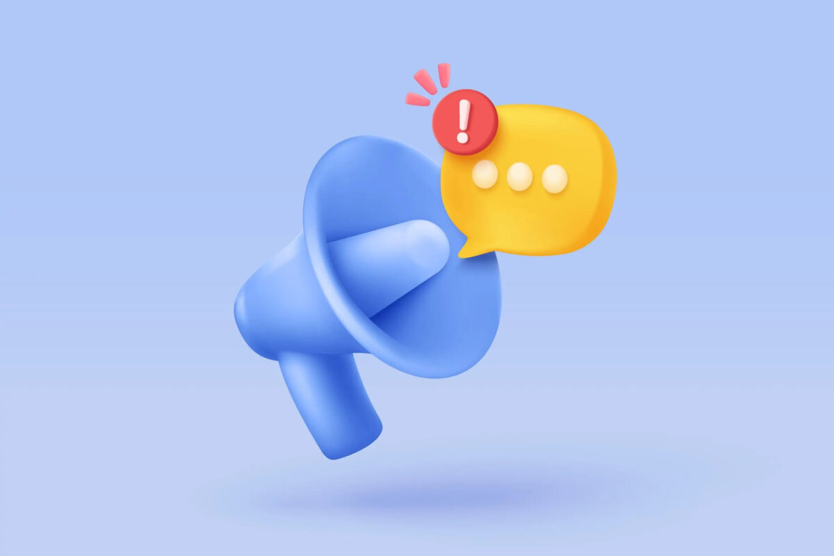 Cartoon of floating megaphone with speech bubble coming out of it with exclamation mark on top
