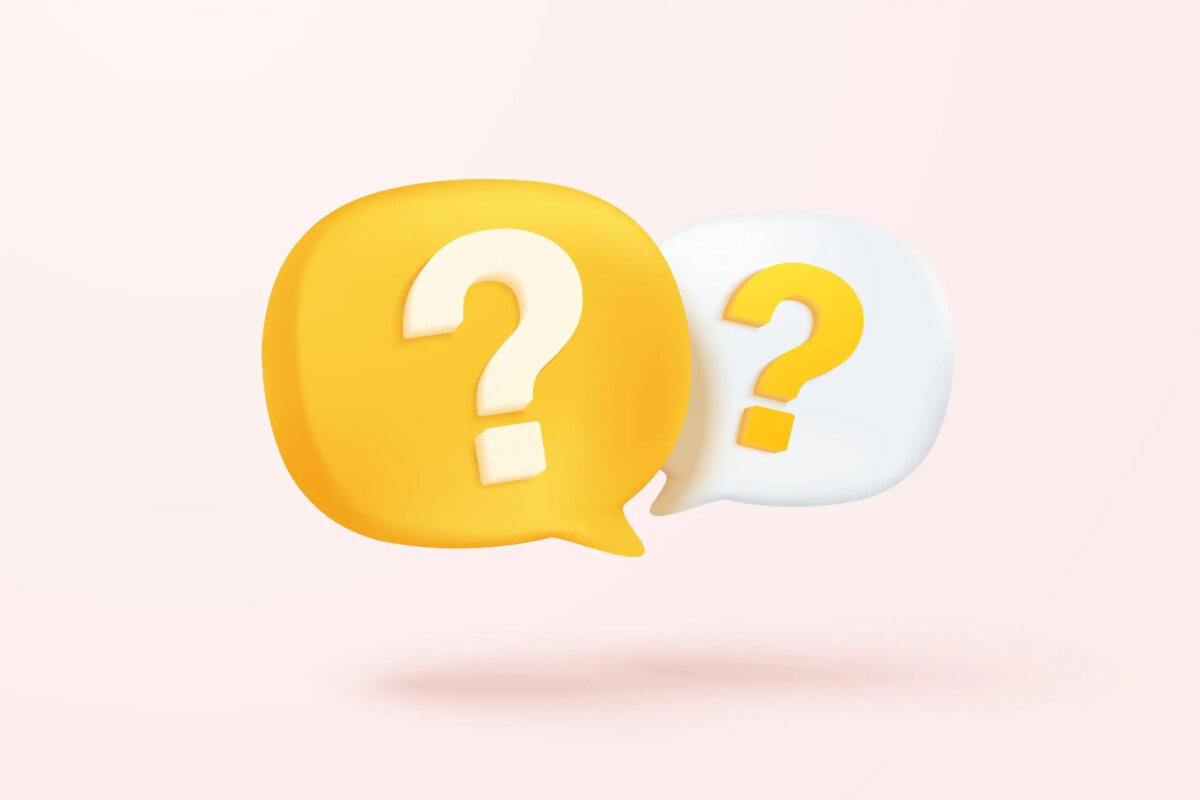 Cartoon of two 3D speech bubbles with question marks inside