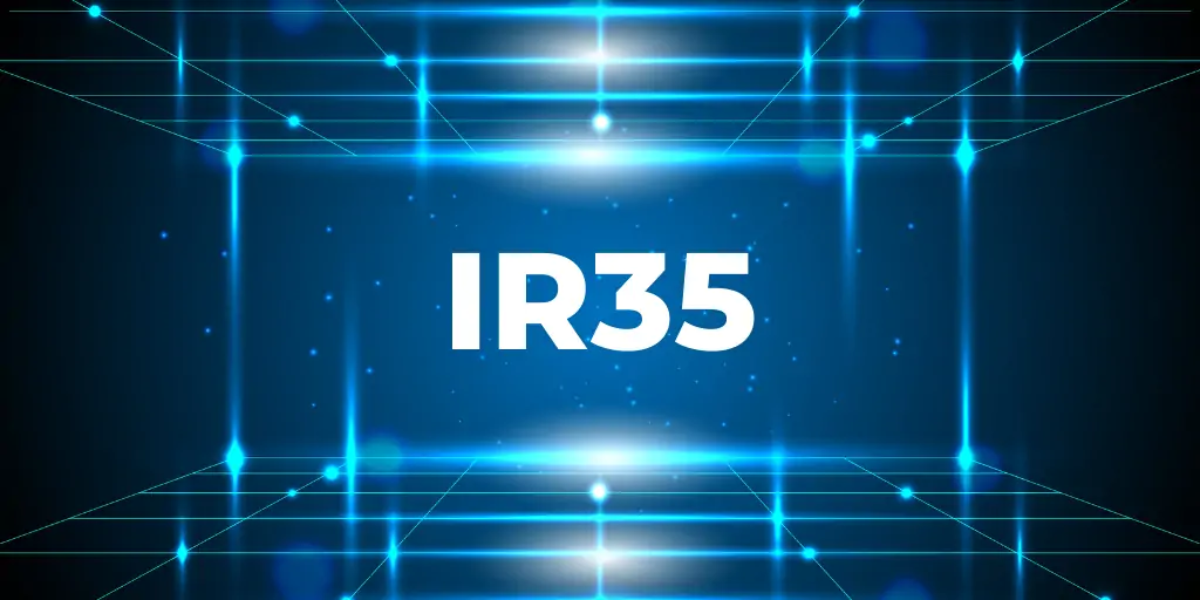 'IR35' in front of dark background with bright blue grids and lights