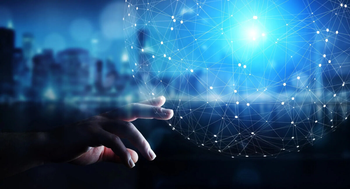 Hand touching image representing global network