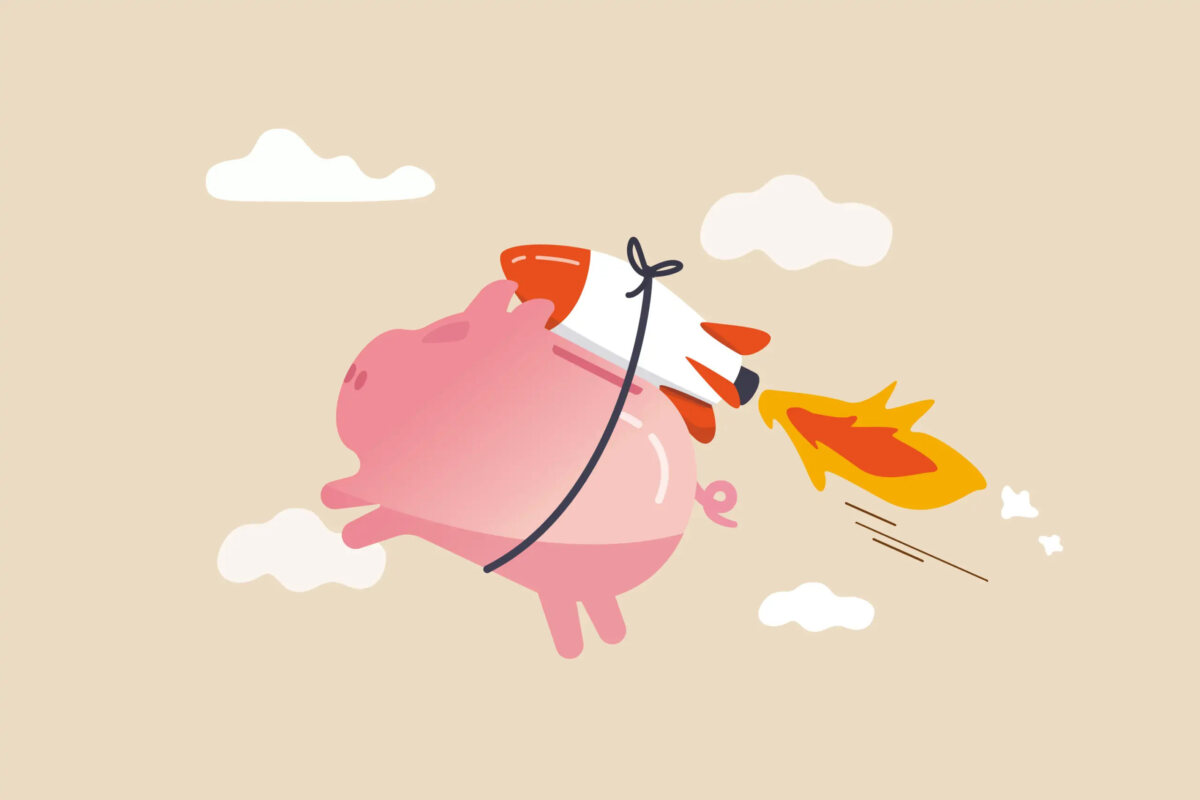 Cartoon of a piggy bank flying with a rocket strapped to its back