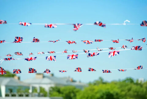 Union Jack bunting hung up outside for platinum jubilee