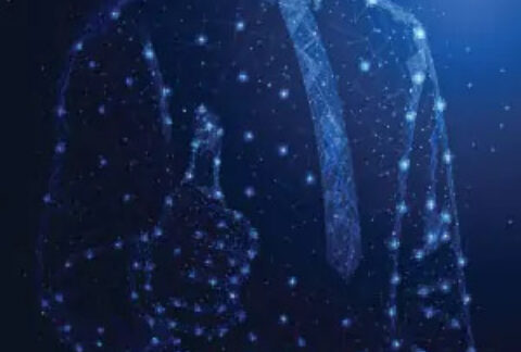 Silhouette of a businessman holding a thumbs up made from star and constellation graphics