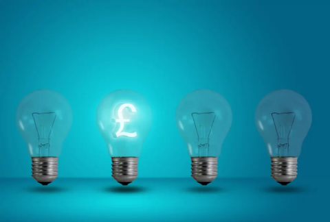 Four lightbulbs on a row, three are switched off and the bulb second from the left is lit up with a pound-shaped light inside